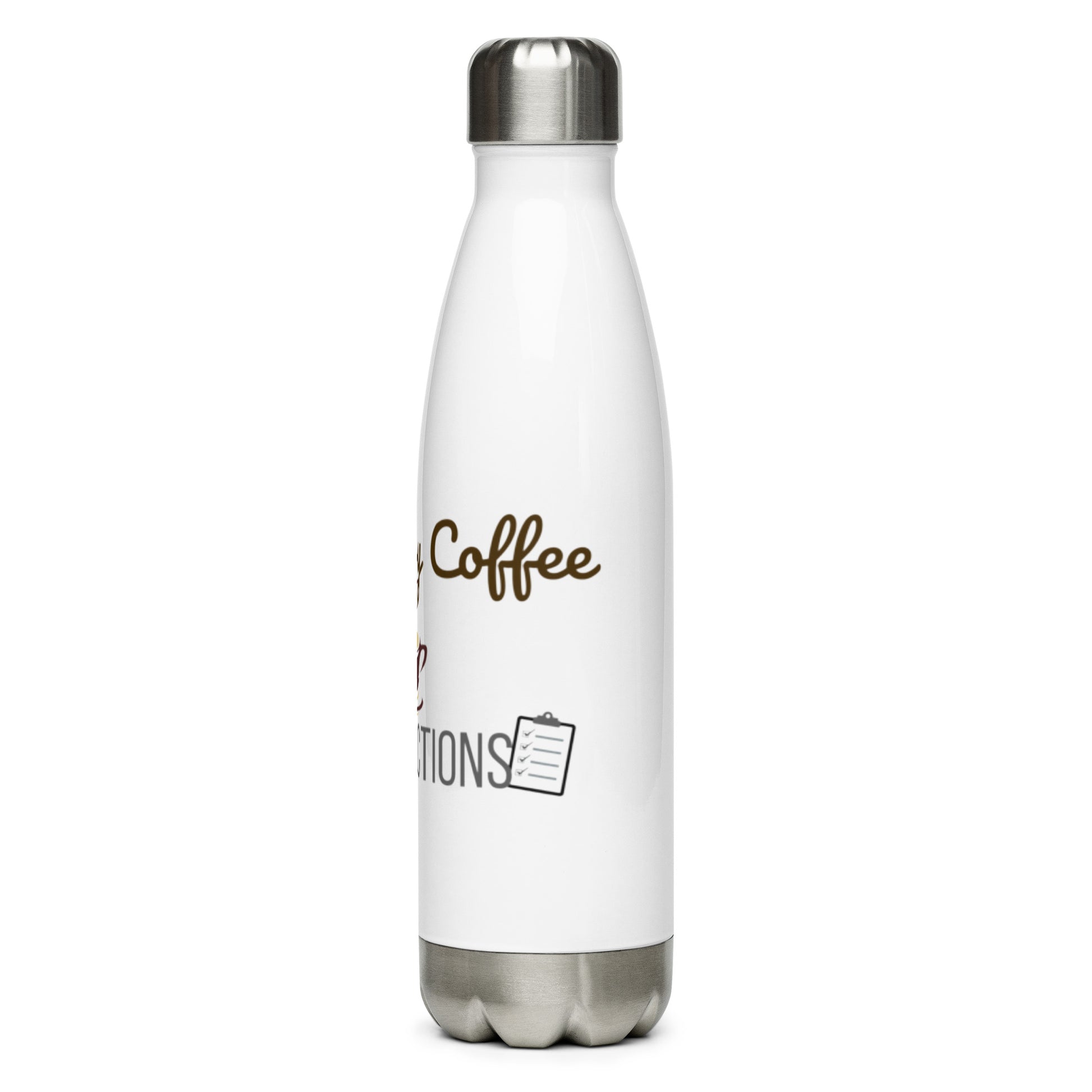 Side angle of white insulated inspector-themed water bottle with bold black text.