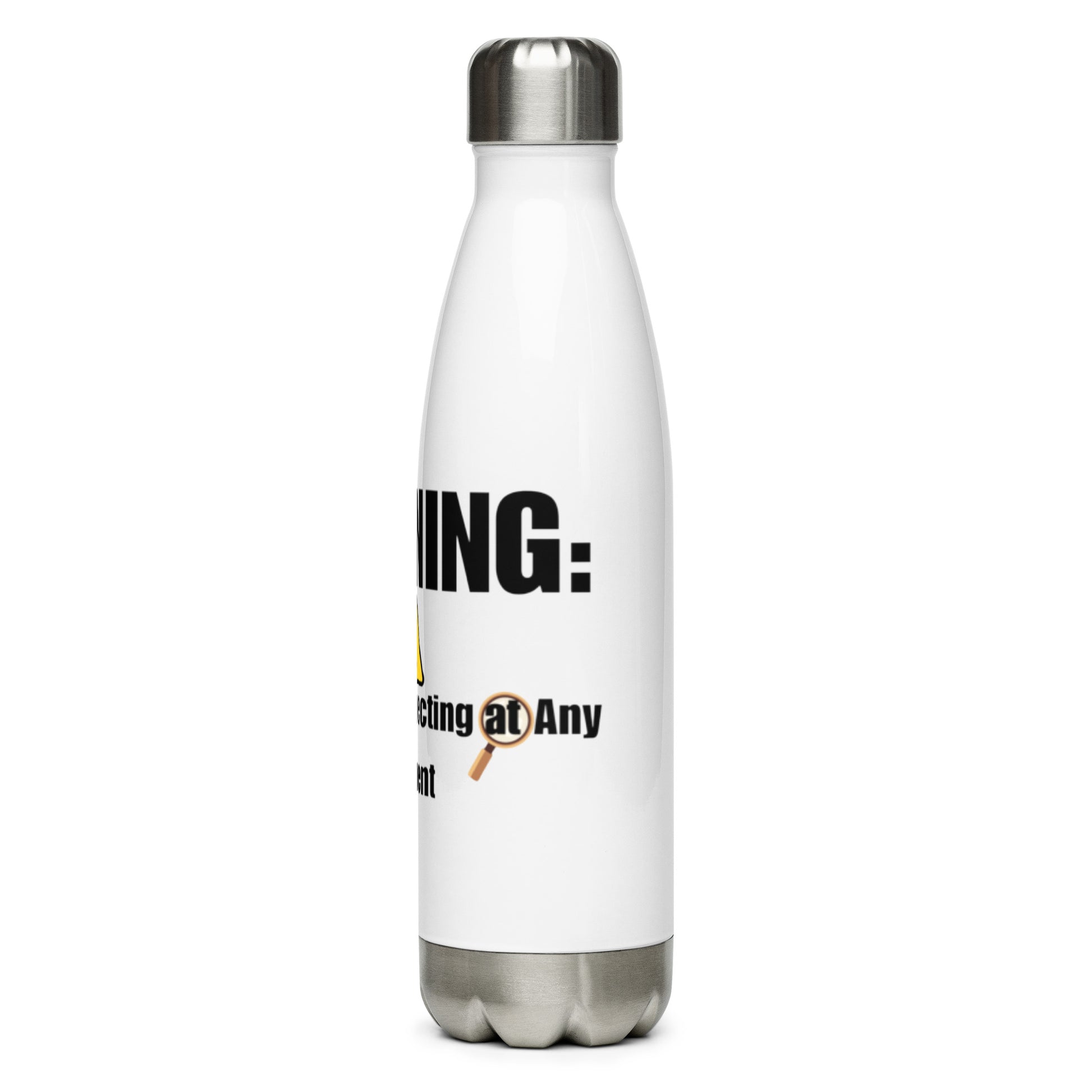 Side angle of inspector-themed stainless steel water bottle showing double-wall construction.