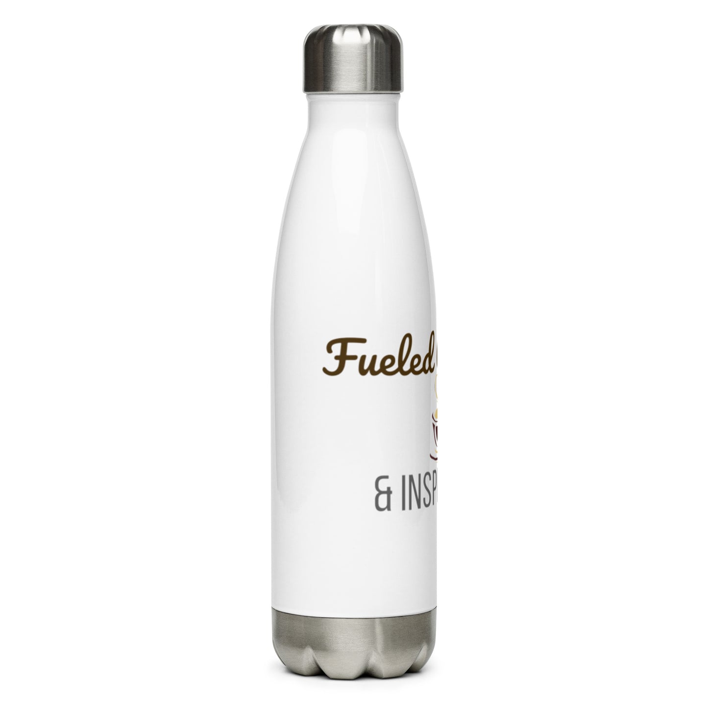 Side angle of white insulated inspector-themed water bottle with bold black text.