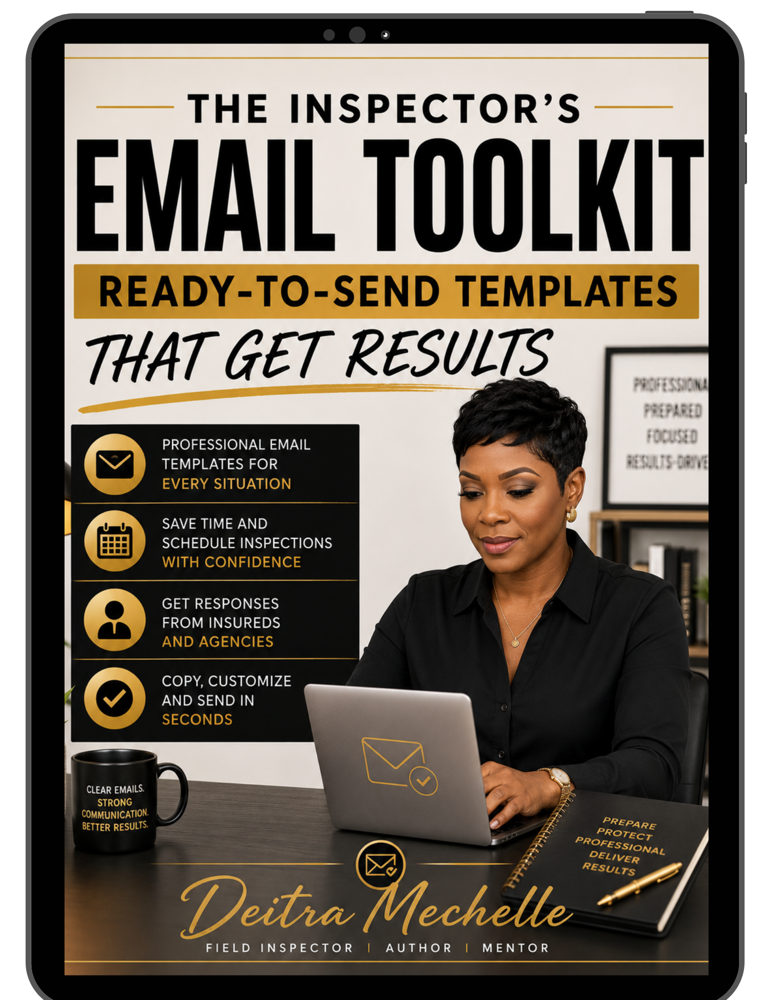 Book cover of The Inspector’s Email Toolkit by Deitra Mechelle featuring ready-to-send email templates for field inspectors