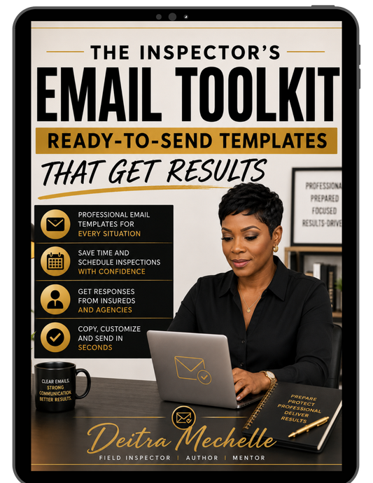 Book cover of The Inspector’s Email Toolkit by Deitra Mechelle featuring ready-to-send email templates for field inspectors