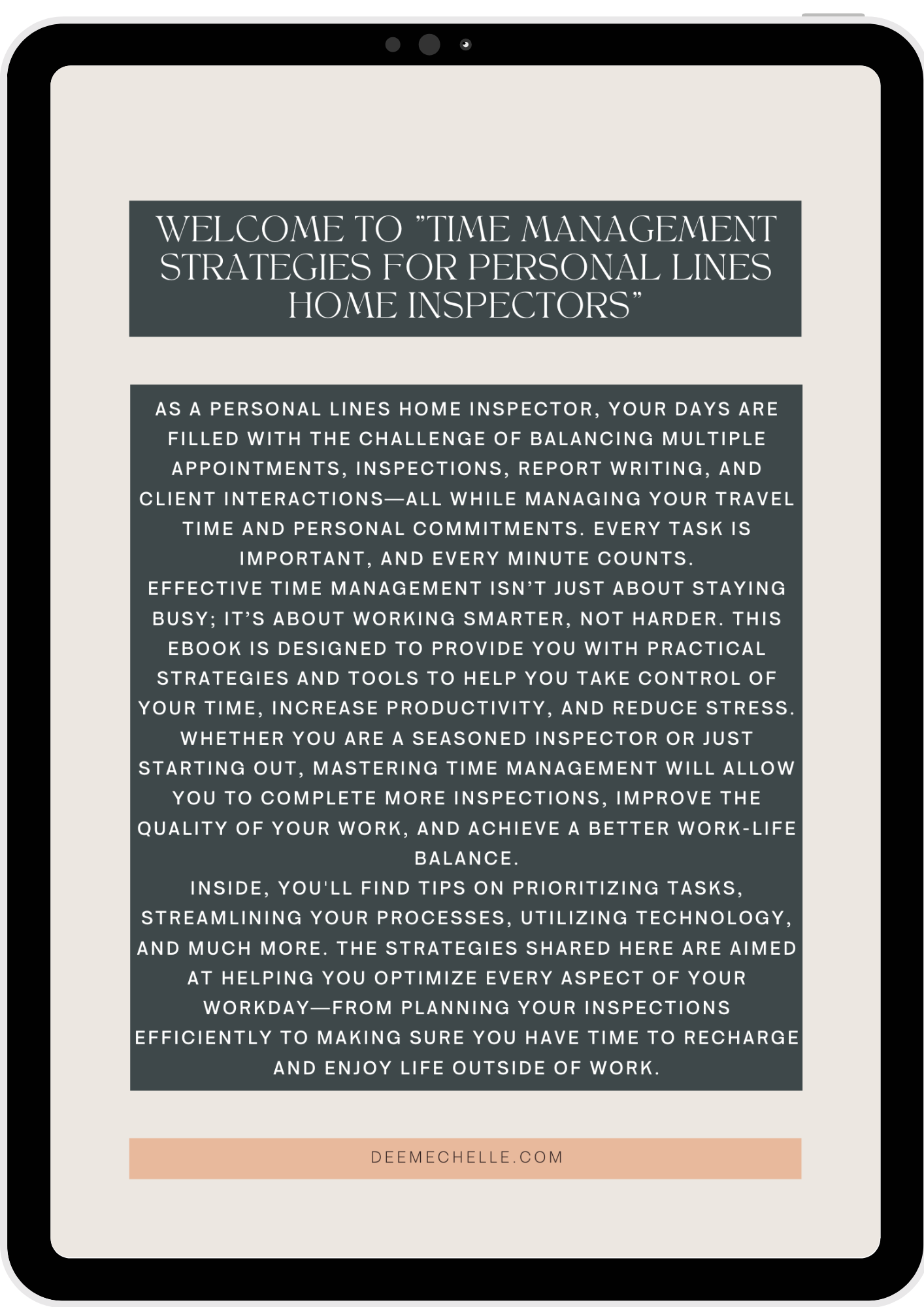 Welcome page for Time Management for Personal Lines Home Inspectors digital eBook