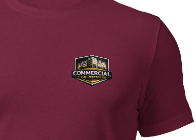 Close-up of the Commercial Field Inspector logo printed on the Unisex Commercial Field Inspector Shirt by Bella + Canvas 3001, highlighting the premium DTF print quality and detailed design.