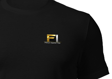 Close-up of the FI Field Inspector logo printed on the Unisex FI Field Inspector Shirt by Bella + Canvas 3001, highlighting the premium DTF print quality and design details.