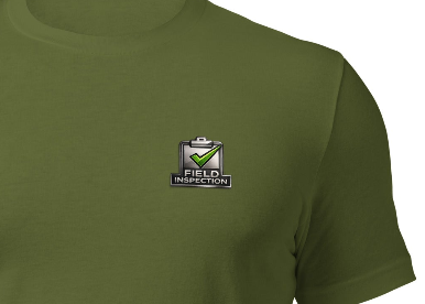 Close-up of the Field Inspection Work logo printed on the Unisex Field Inspection Work Tee by Bella + Canvas 3001, highlighting the premium DTF print quality and professional design details.