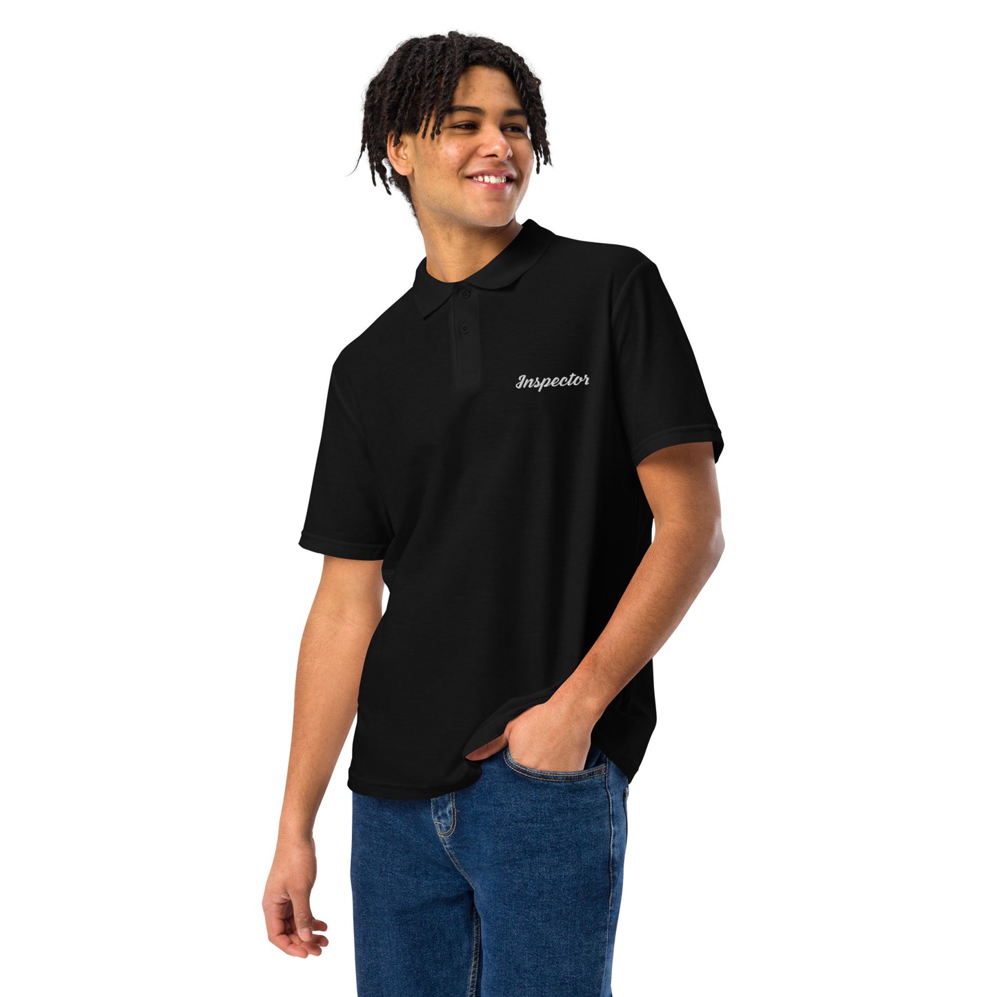 Black unisex field inspector polo shirt built for professional inspection work and everyday field apparel.