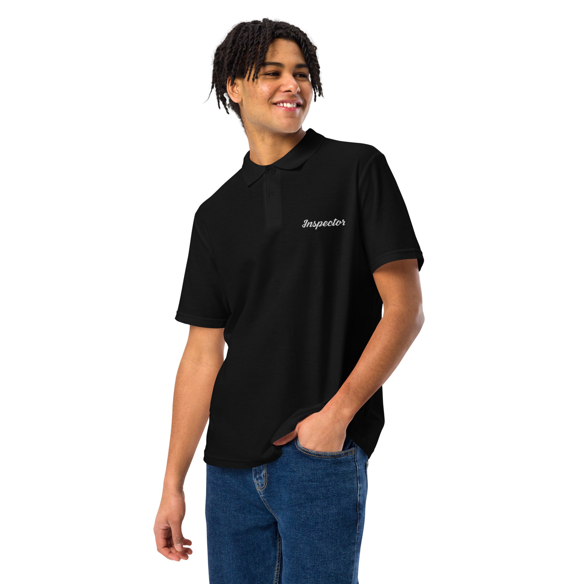 Black unisex field inspector polo shirt built for professional inspection work and everyday field apparel.