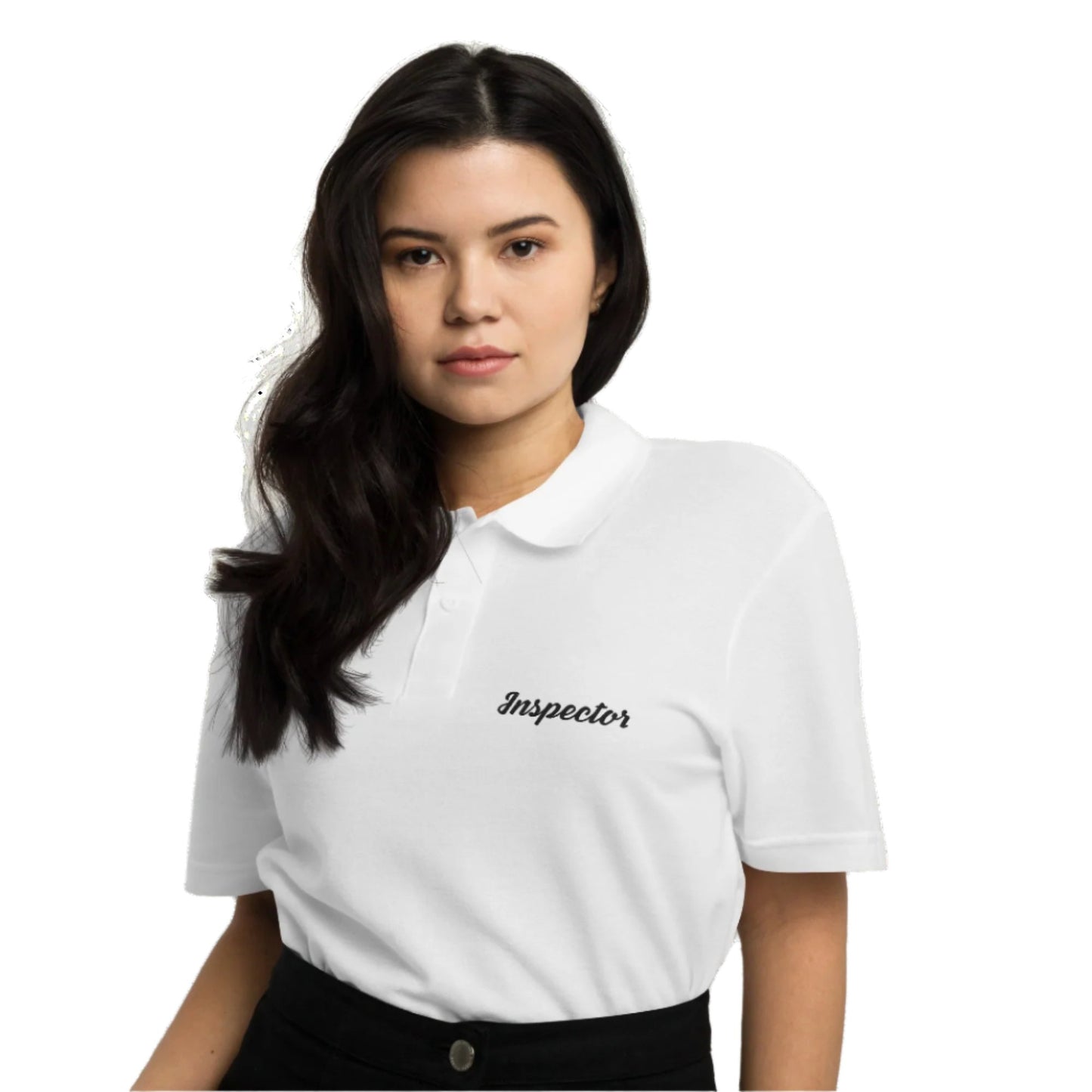 White unisex field inspector polo shirt built for professional inspection work and everyday field apparel.