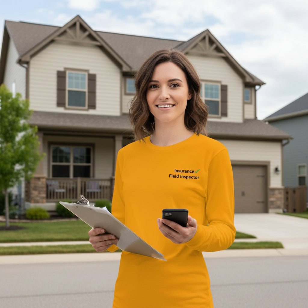 Woman insurance field inspector wearing a unisex long sleeve tee while standing outside a house holding a cellphone and clipboard.