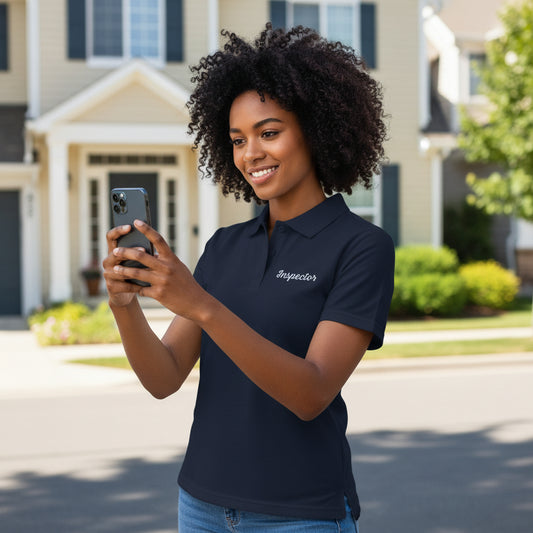 Woman in a navy blue shirt with 'Inspector' text, holding a phone, standing in front of a house.