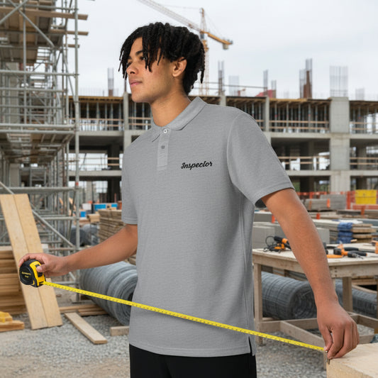 Person wearing a gray polo shirt labeled 'Inspector' at a construction site.