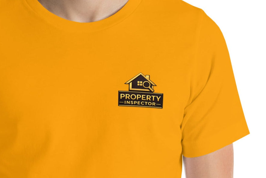 Close-up of the Property Inspector logo printed on the Unisex Property Inspector Shirt by Bella + Canvas 3001, highlighting the premium DTF print quality and design detail.
