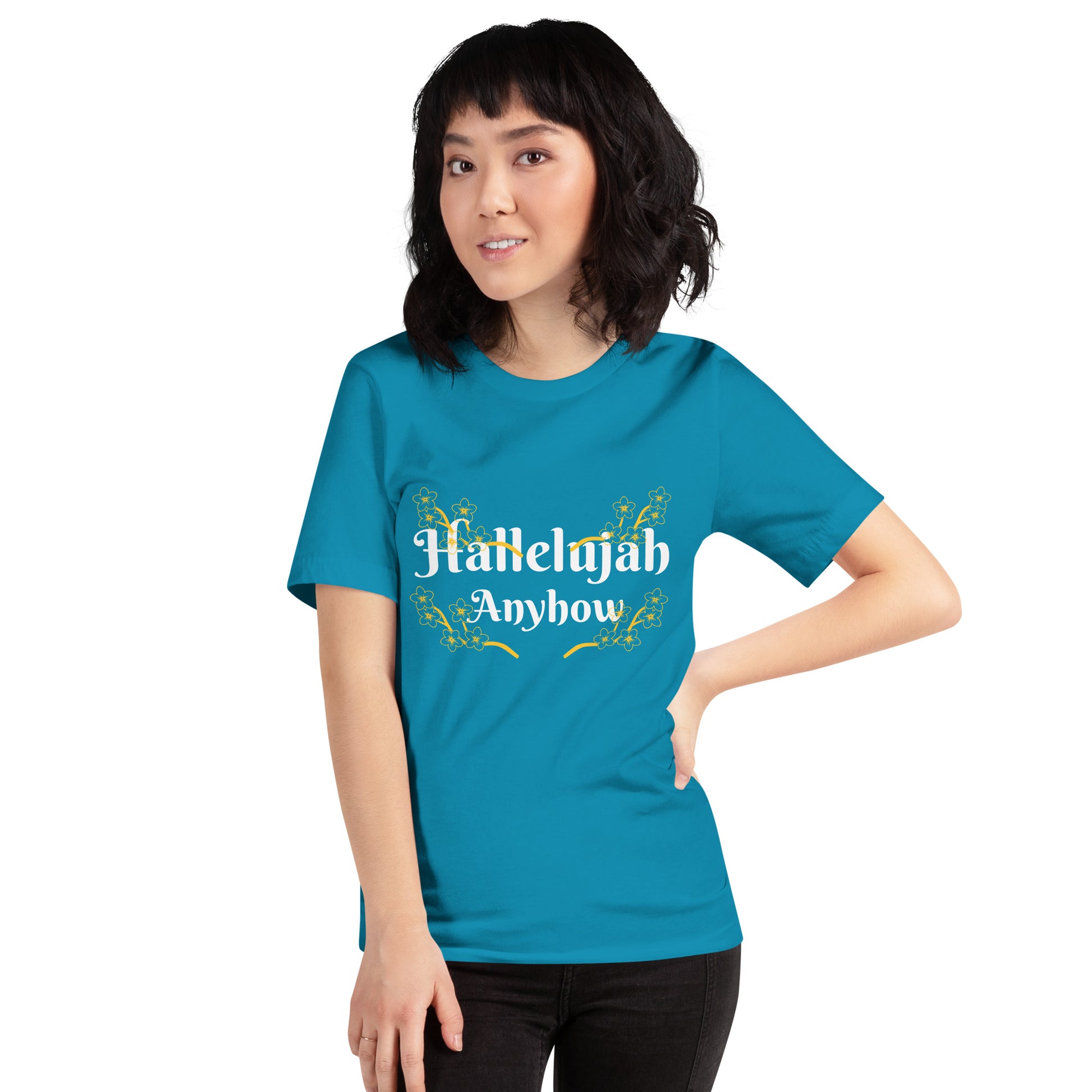 Person wearing a blue t-shirt with 'Hallelujah Anyhow' text on a white background