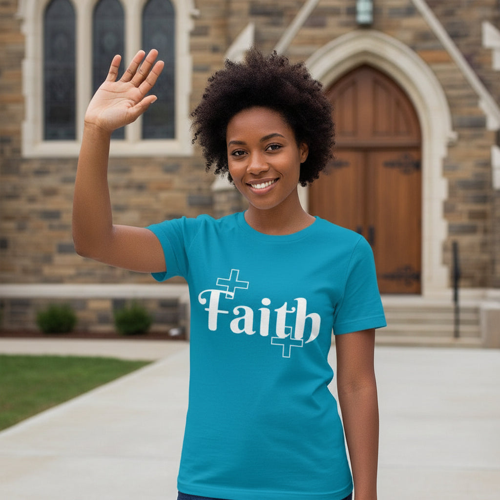 Person wearing a blue 'Faith' t-shirt in front of a church.