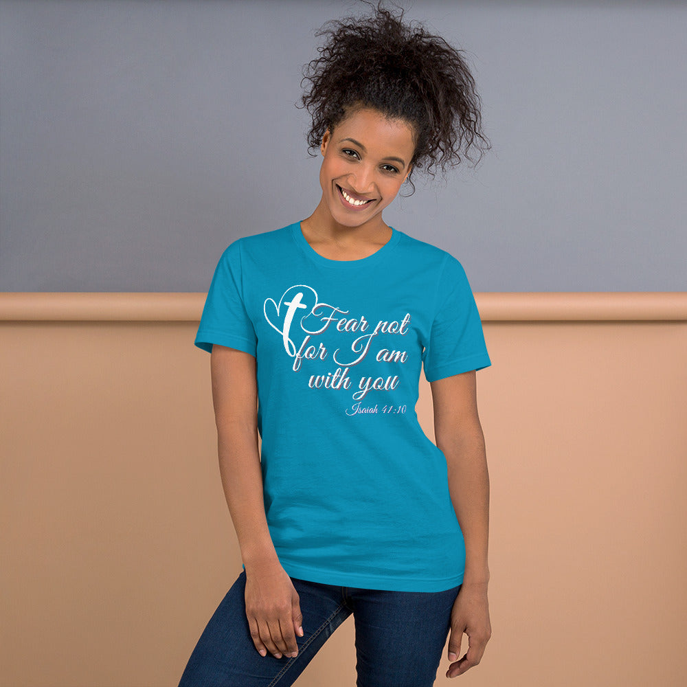 Woman wearing a blue t-shirt with a motivational quote against a neutral background