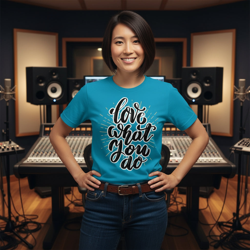 Person wearing a blue t-shirt with 'Love What You Do' in a music studio
