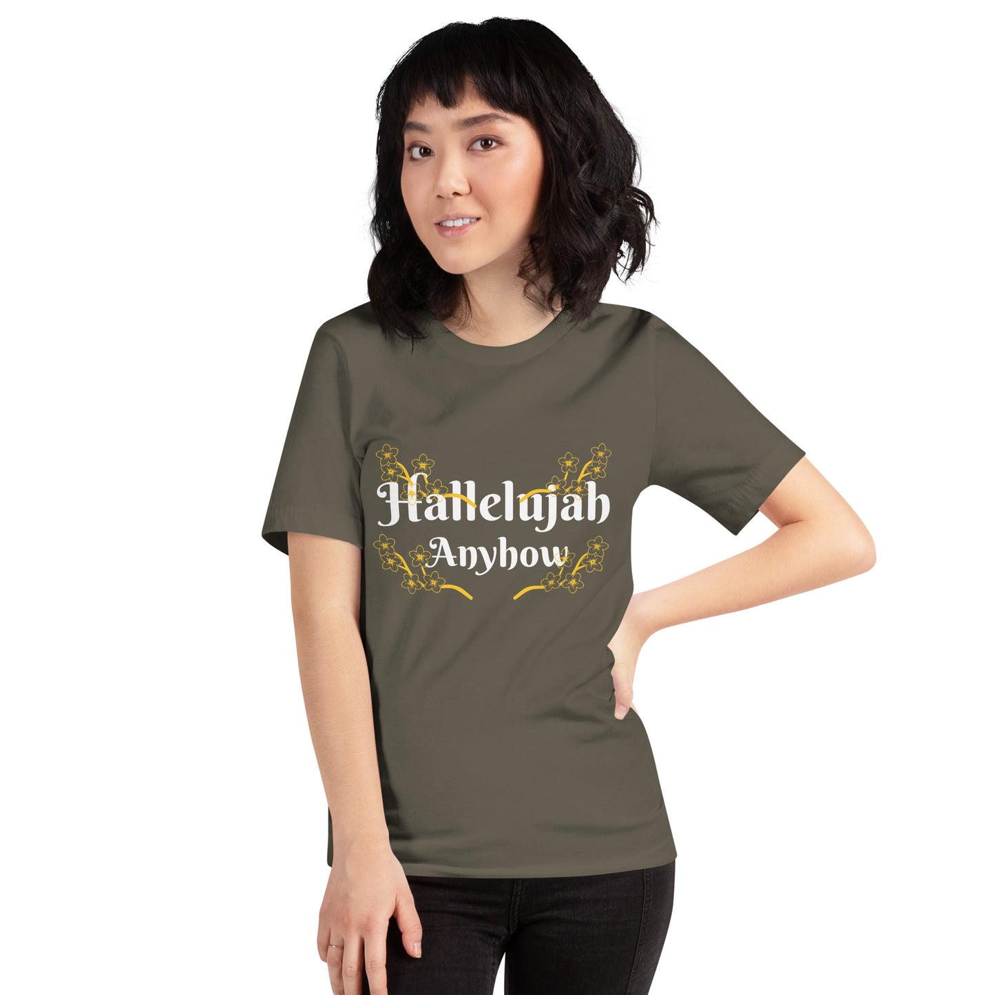 Person wearing a green t-shirt with 'Hallelujah Anyhow' text design on a white background