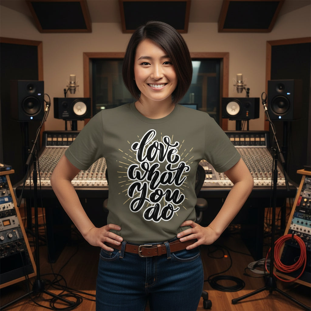 Person wearing a t-shirt with 'Love what you do' in a music studio