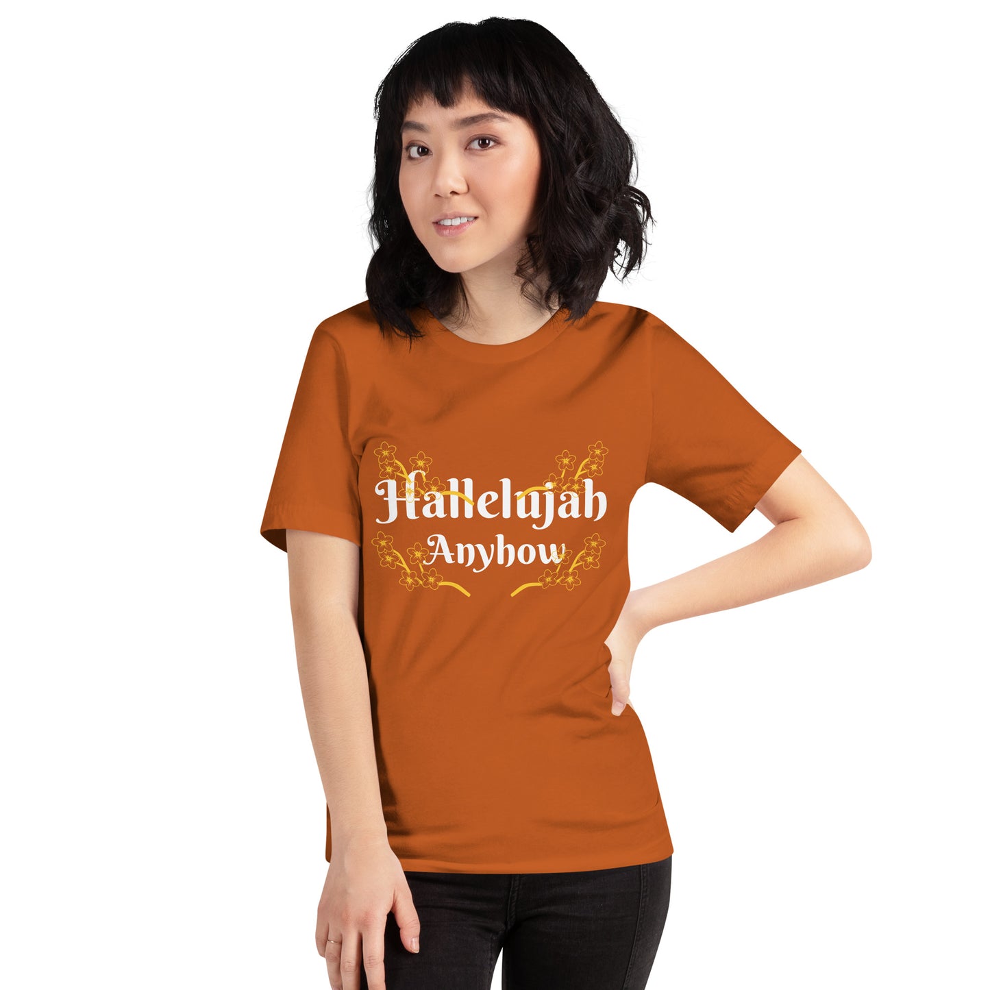 Person wearing an orange t-shirt with 'Hallelujah Anyhow' text on a white background