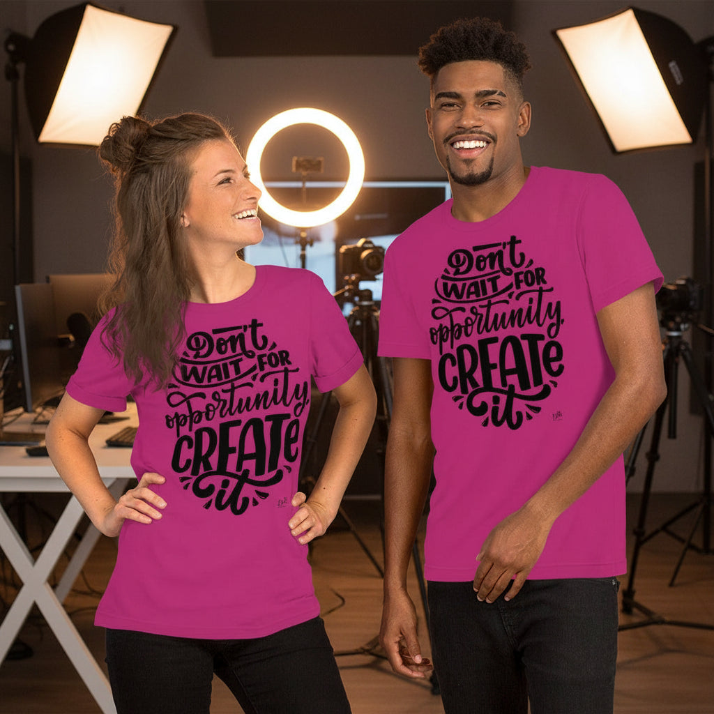 Two people wearing pink t-shirts with a motivational quote in a studio setting.