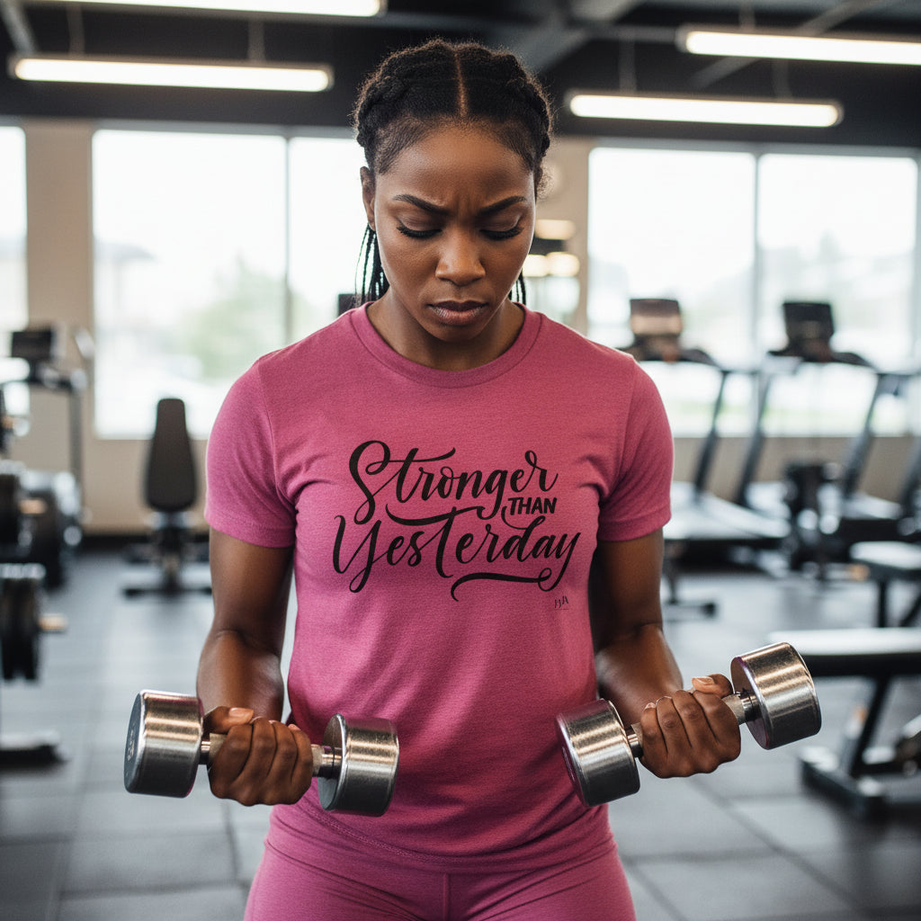 Woman lifting weights in a gym wearing a pink 'Stronger Than Yesterday' t-shirt.
