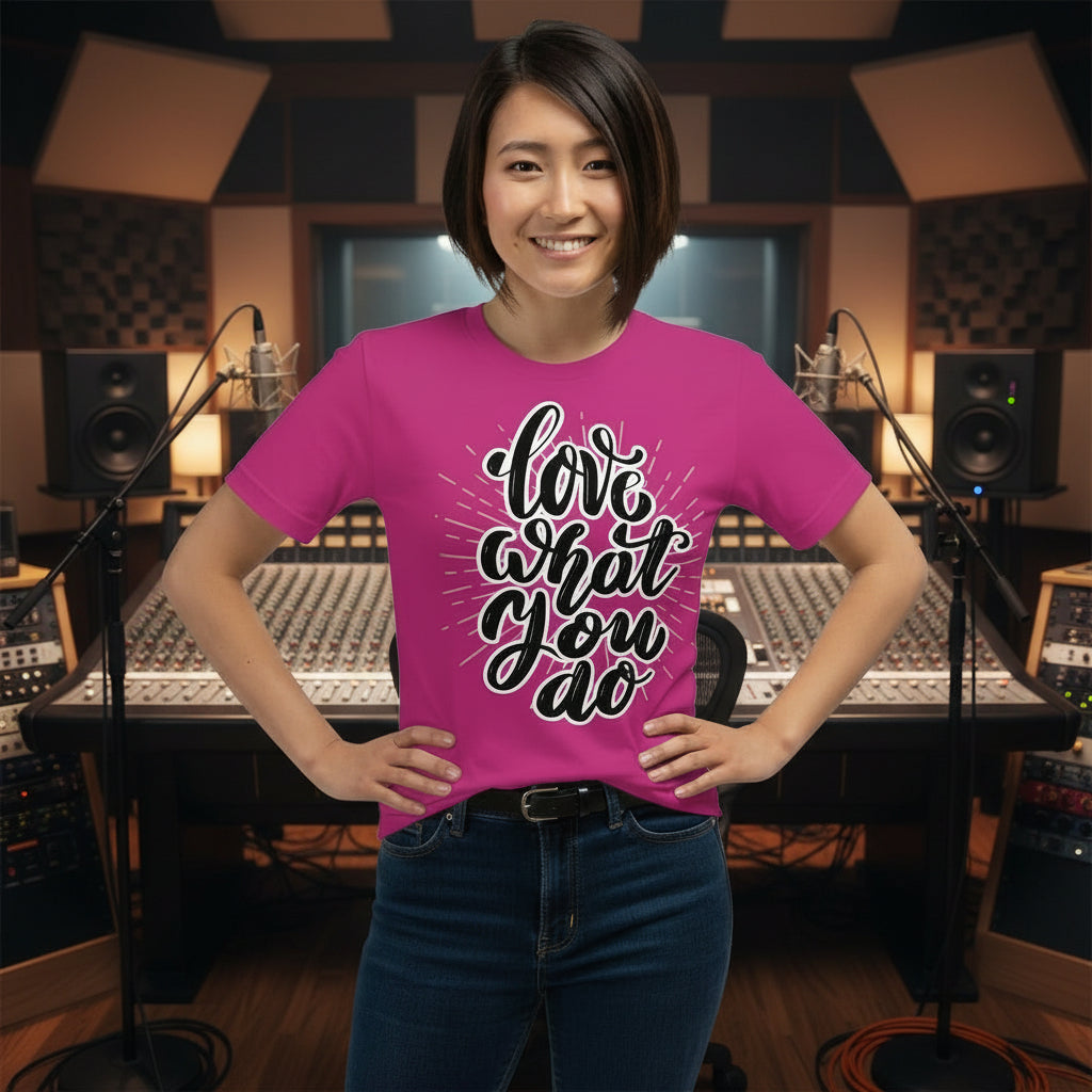 Person wearing a pink t-shirt with 'Love What You Do' in a recording studio.