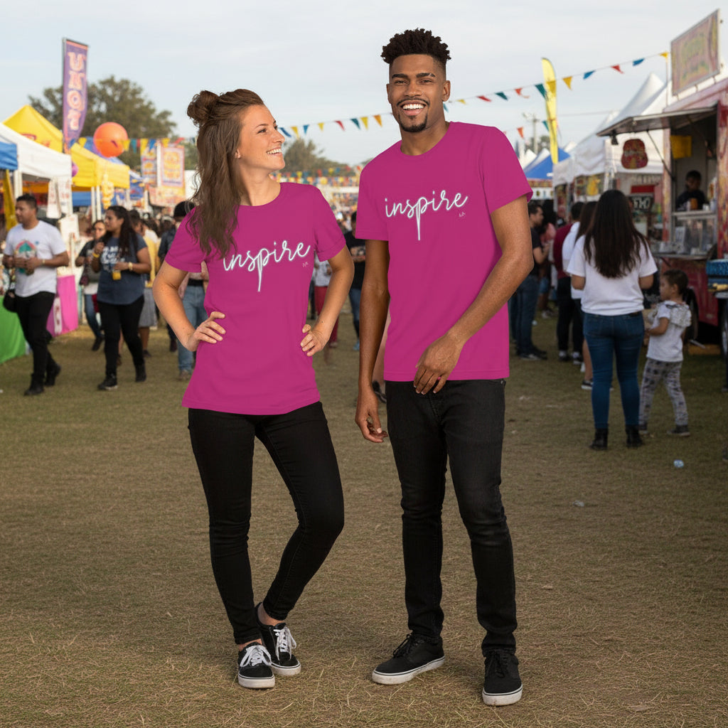 Two people wearing pink 'inspire' t-shirts at an outdoor event.