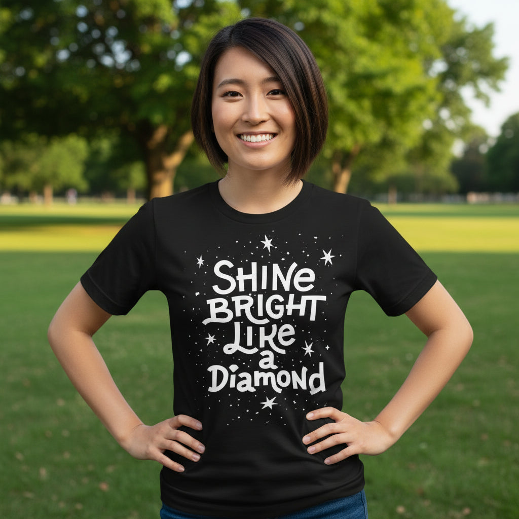 Woman wearing a black t-shirt with 'Shine Bright Like a Diamond' text in a park.