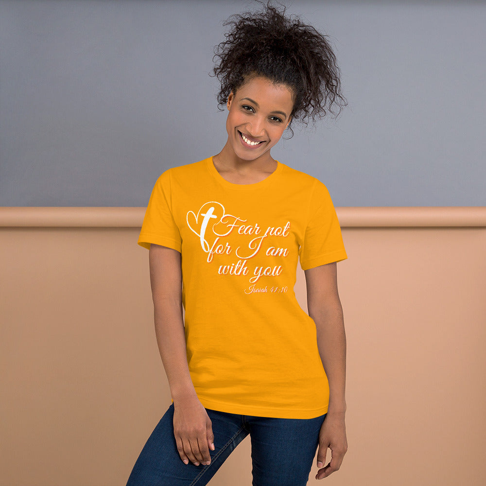 Woman wearing a yellow t-shirt with a motivational quote against a neutral background