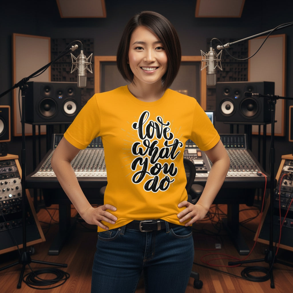 Person wearing a yellow t-shirt with 'Love What You Do' in a music studio