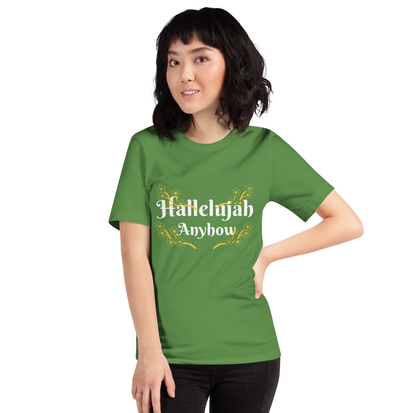 Person wearing a green t-shirt with 'Hallelujah Anyhow' text on a white background