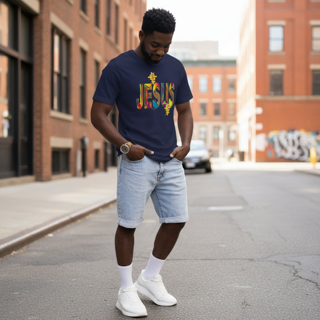 Man wearing a navy blue t-shirt with 'Jesus' printed in colorful letters on a city street.