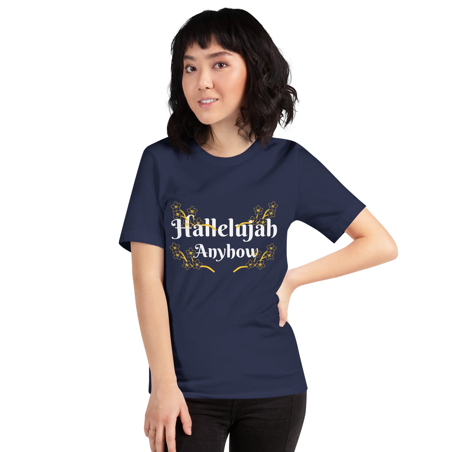 Person wearing a navy blue t-shirt with 'Hallelujah Anyhow' text design.