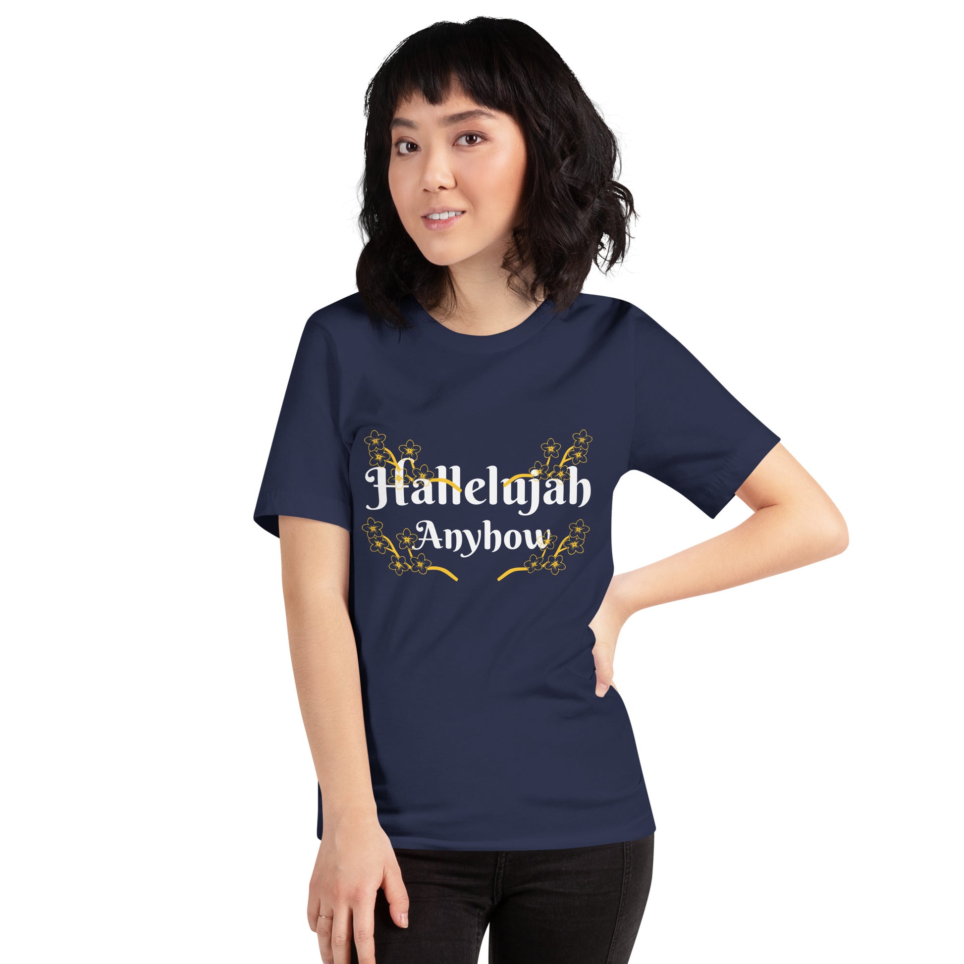 Person wearing a navy blue t-shirt with 'Hallelujah Anyhow' text design.