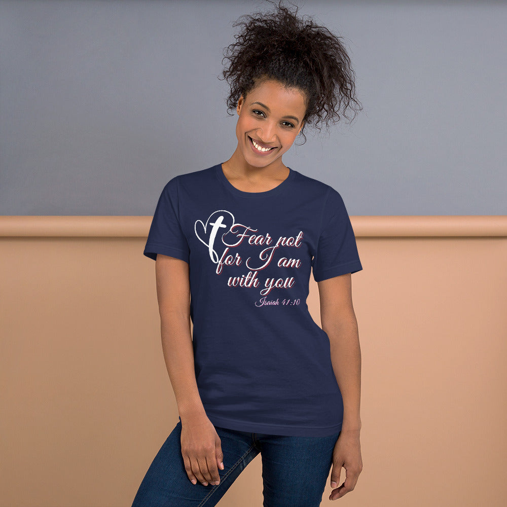 Woman wearing a navy blue t-shirt with a motivational quote on a plain background