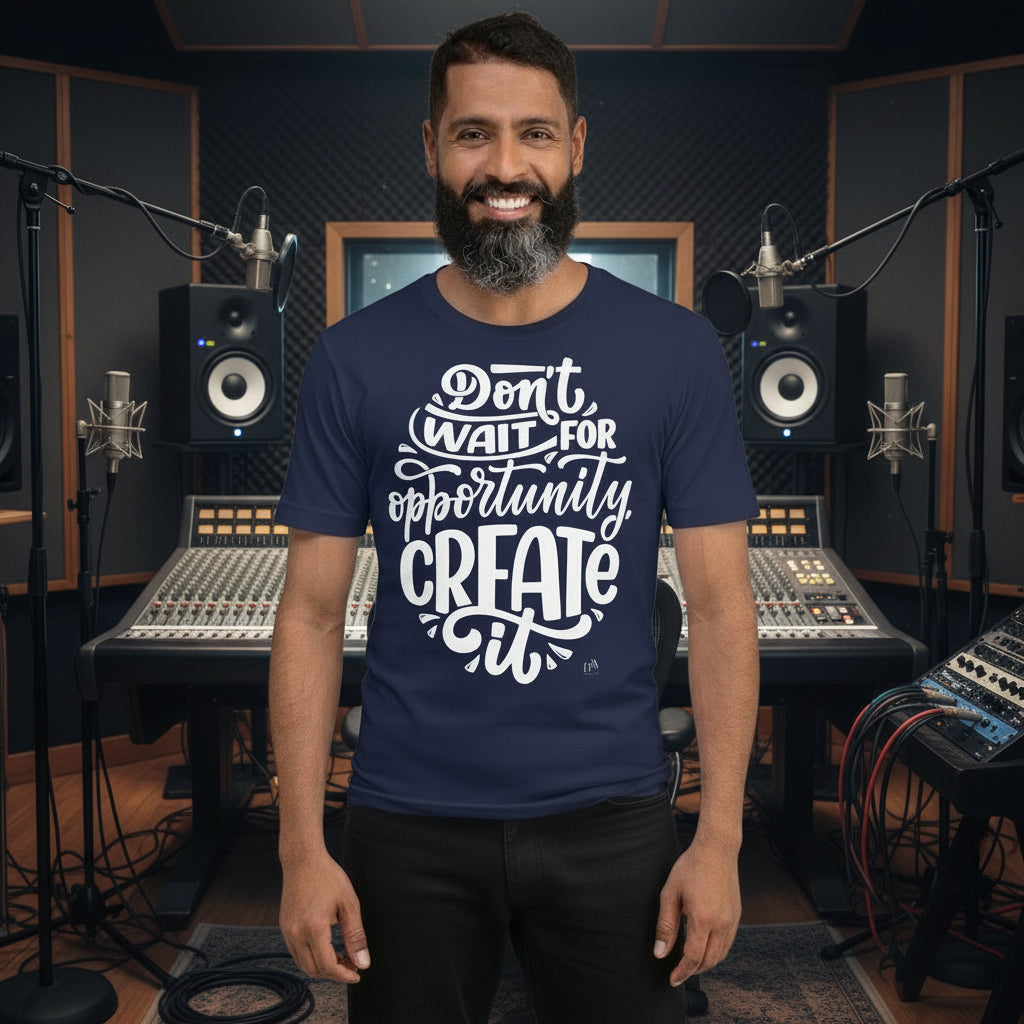 Man wearing a navy blue t-shirt with motivational quote in a music studio