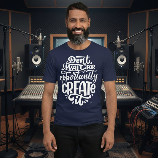 Man wearing a navy blue t-shirt with motivational quote in a music studio