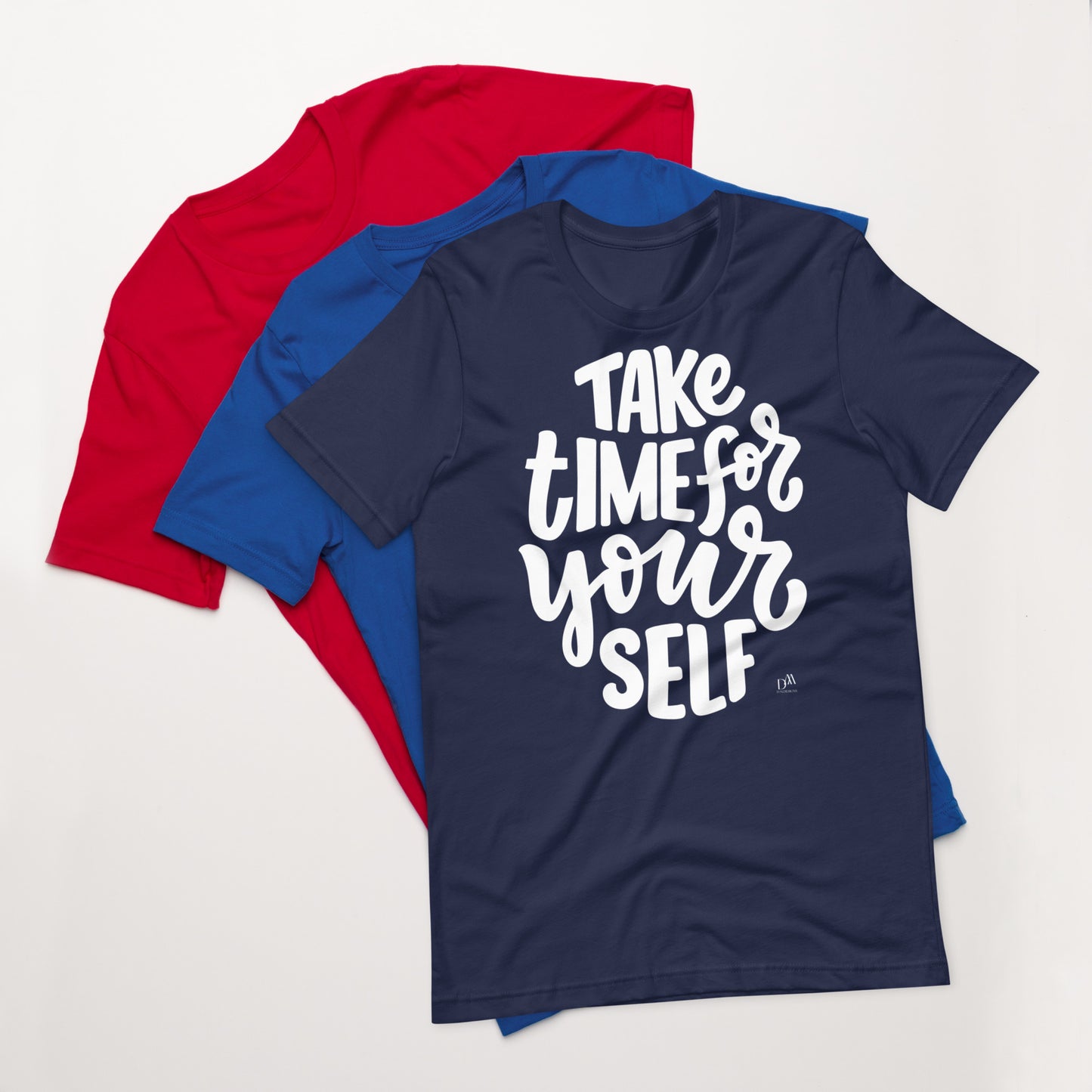 Navy t-shirt with 'Take time for yourself' text on a white background