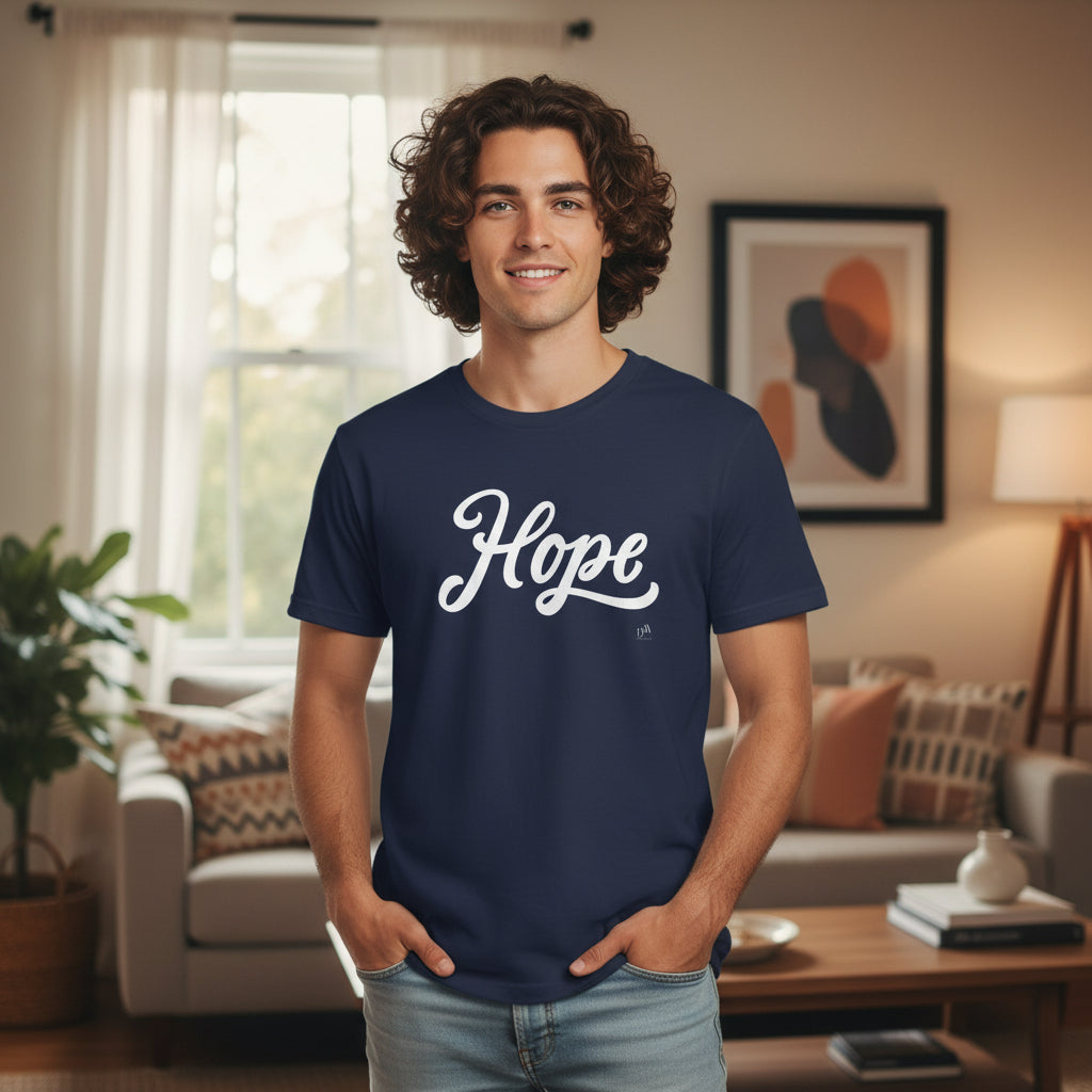 Man wearing a navy blue t-shirt with 'Hope' printed on it in a living room.