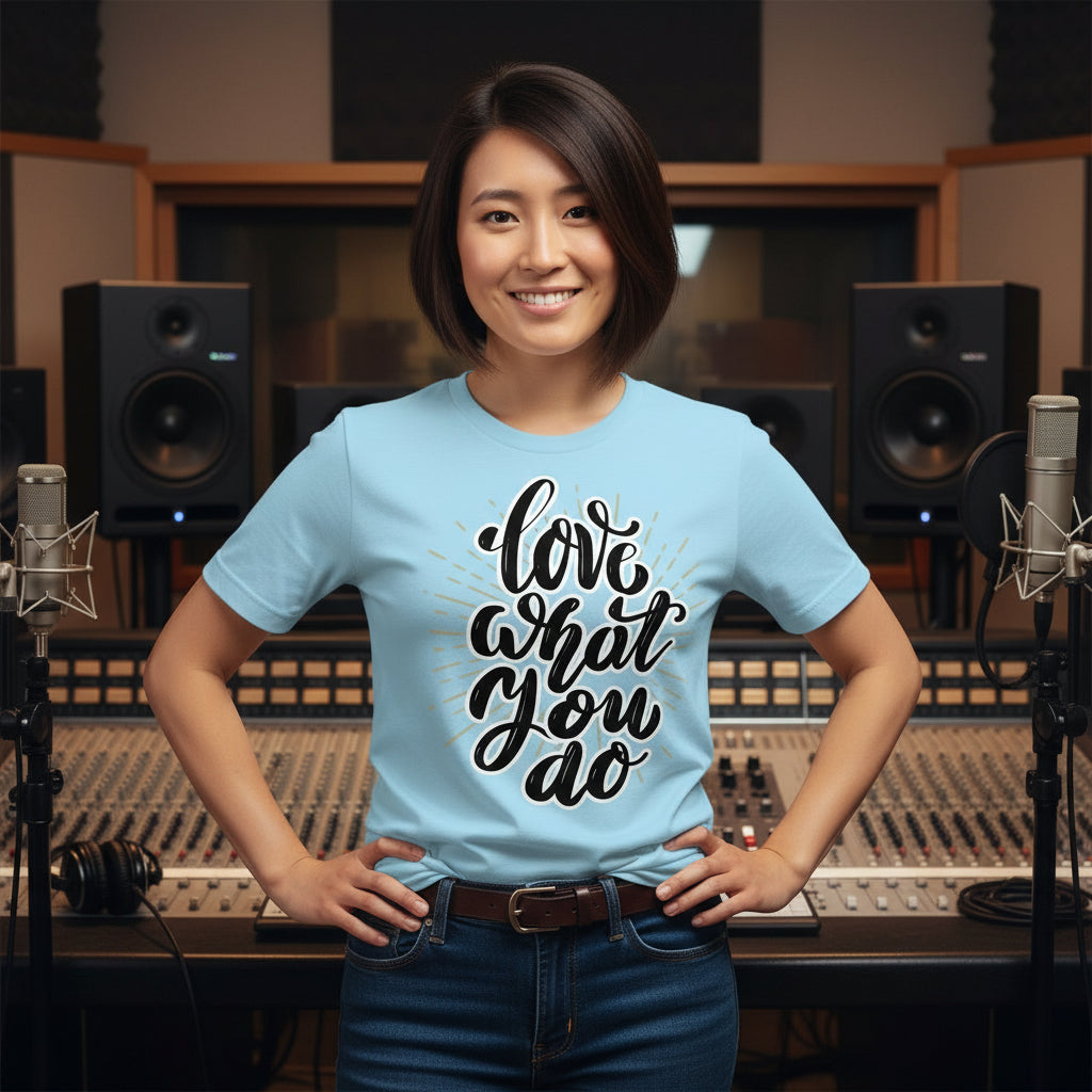 Person wearing a light blue t-shirt with 'Love What You Do' text in a recording studio.