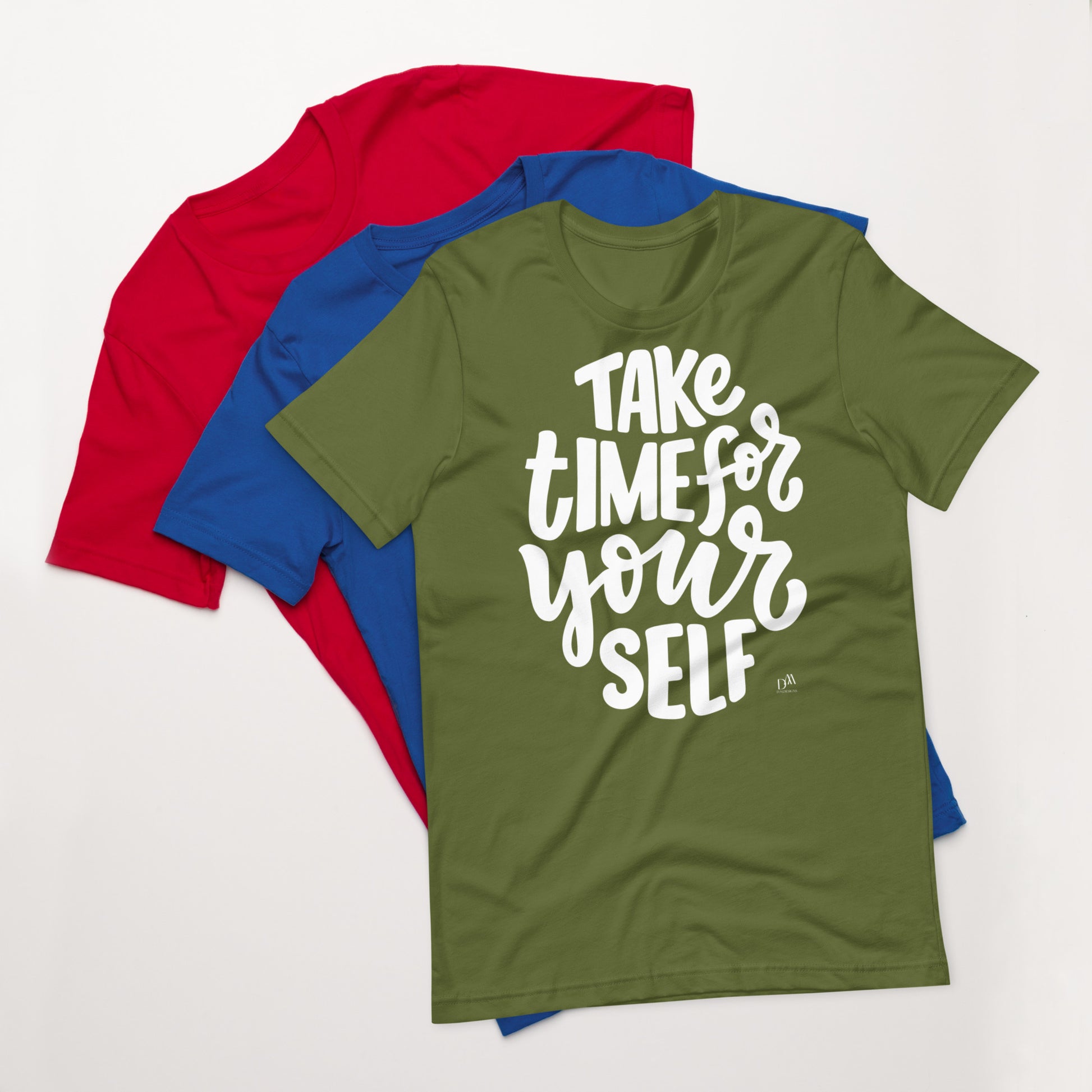 Green t-shirt with 'Take time for your self' text on a white background