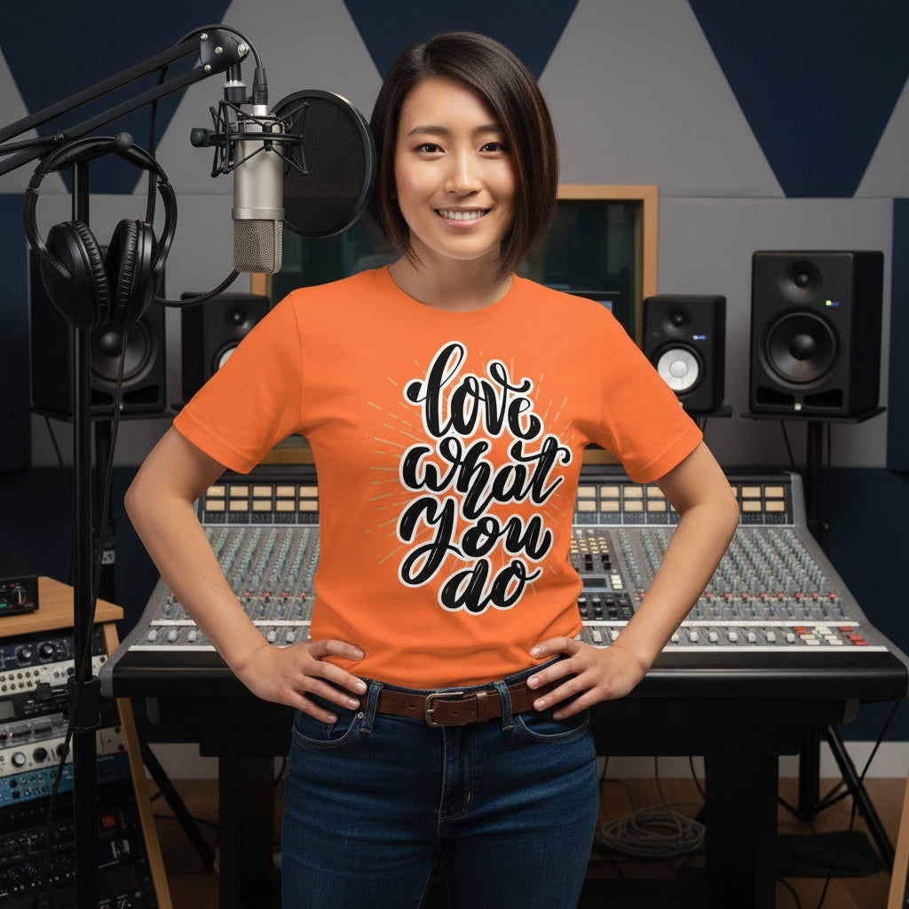 Person wearing an orange t-shirt with 'Love What You Do' in a studio setting