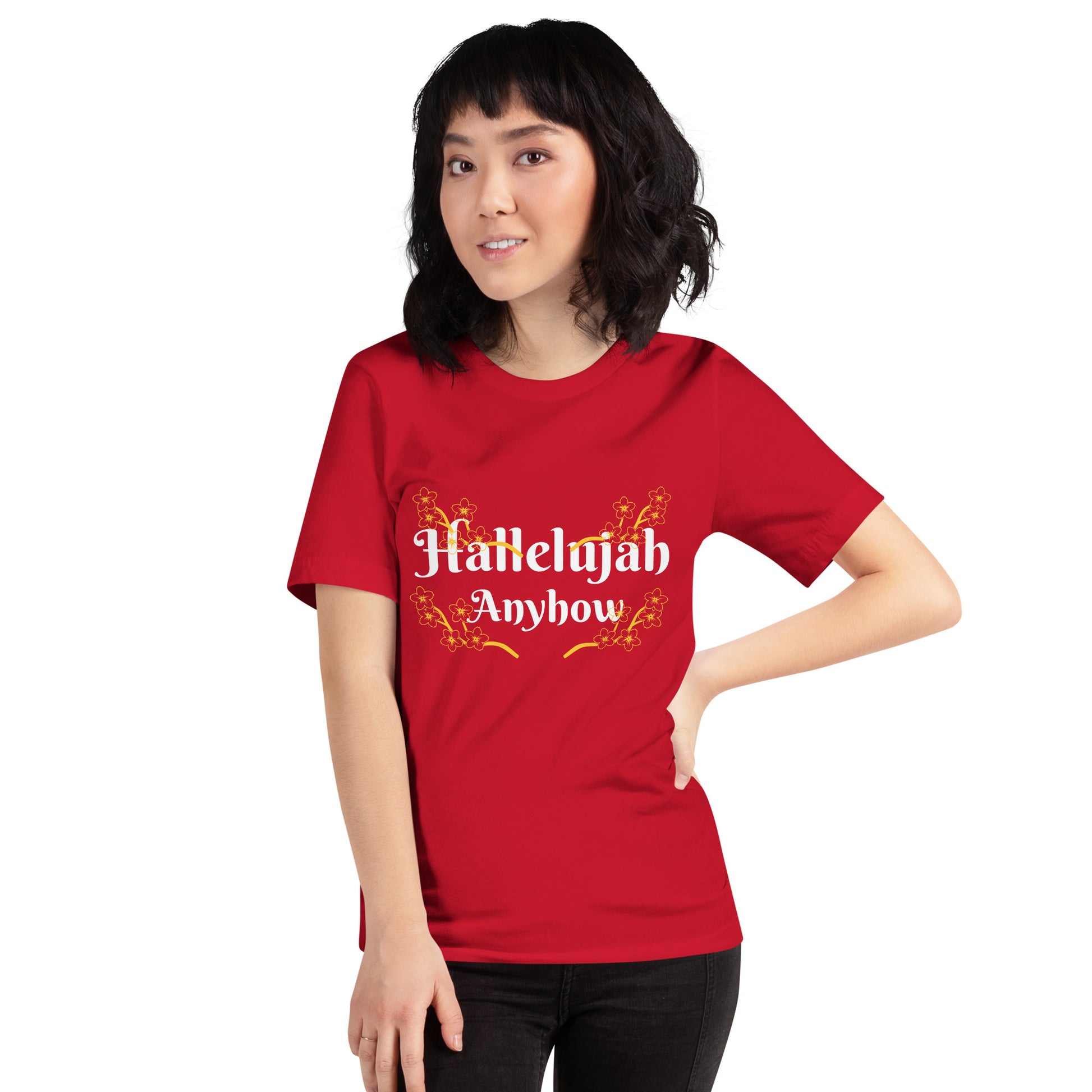 Person wearing a red t-shirt with 'Hallelujah Anyhow' text on a white background