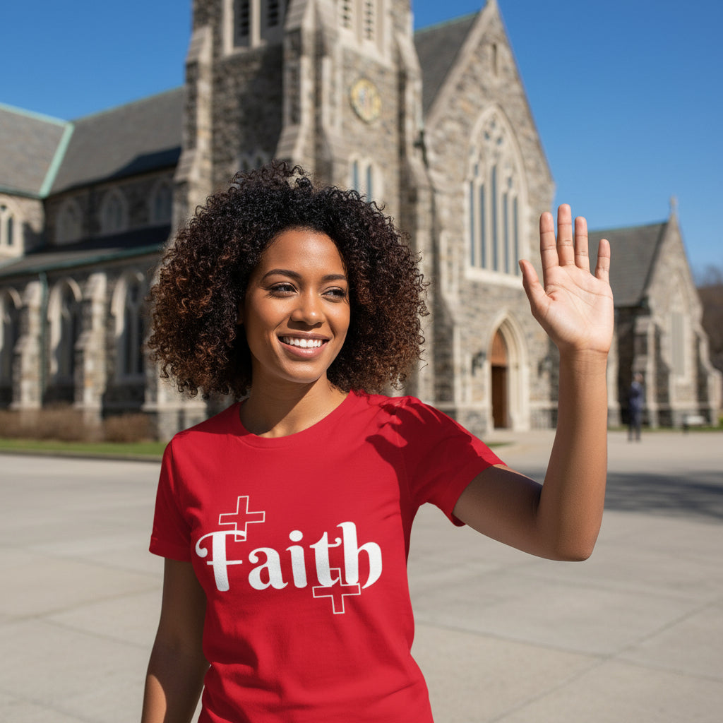 Woman wearing a red 'Faith' t-shirt in front of a church