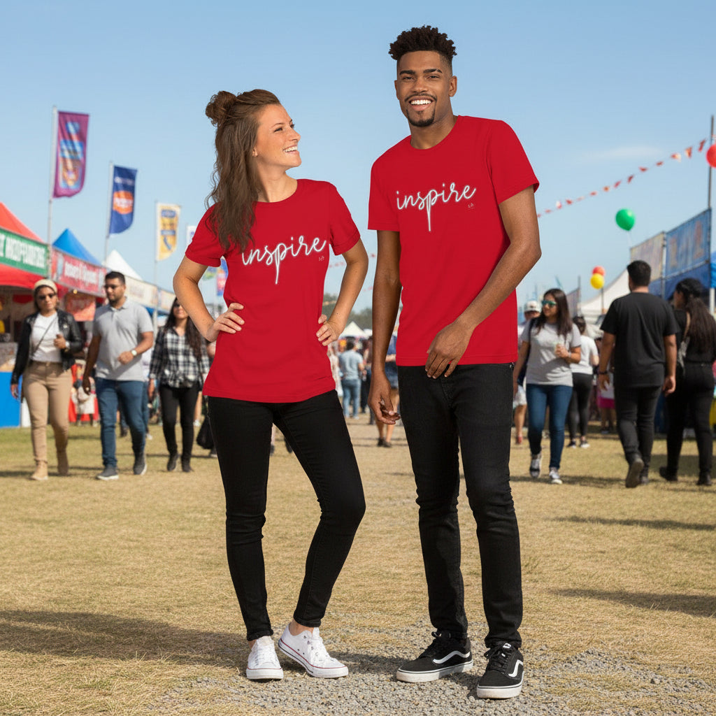 Two people wearing red 'inspire' t-shirts at an outdoor event.