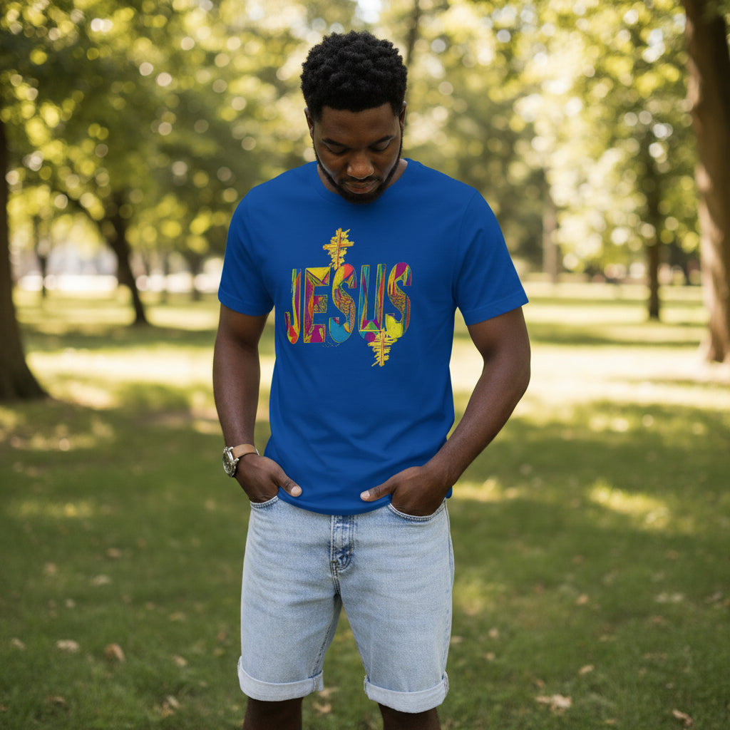 Person wearing a blue t-shirt with colorful 'Jesus' design in a park.