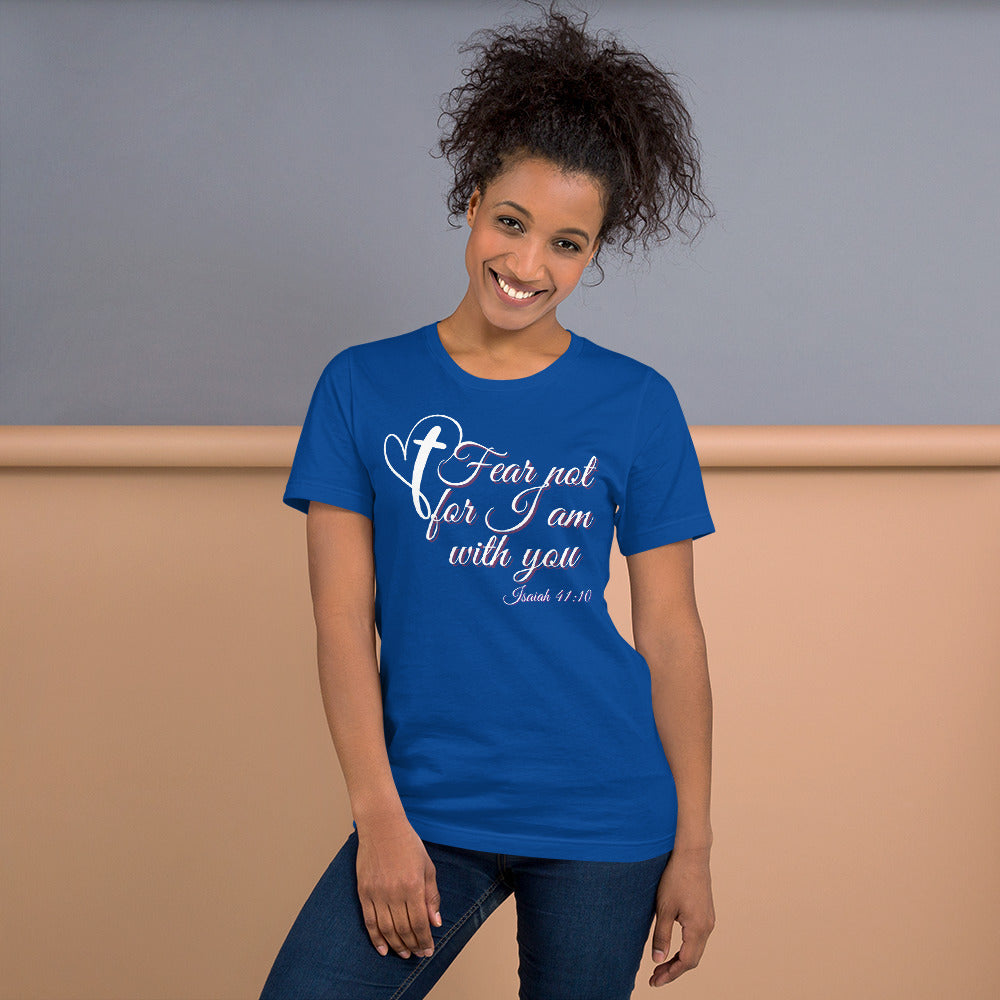 Woman wearing a blue t-shirt with a motivational quote against a neutral background