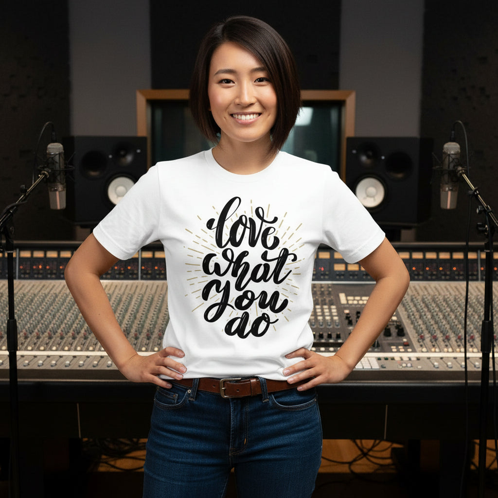 Person wearing a white t-shirt with 'Love What You Do' text in a recording studio.