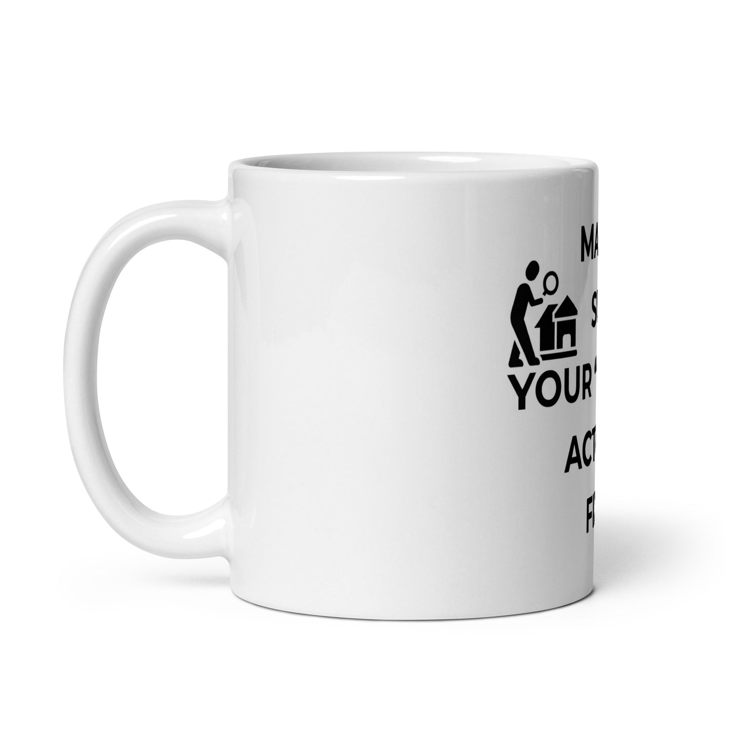 Side view of white ceramic field inspector mug showing glossy finish