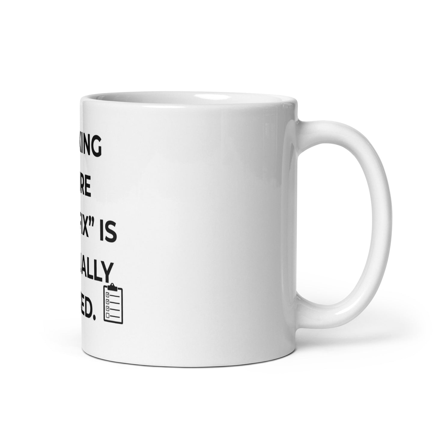 Side view of white ceramic field inspector mug showing glossy finish